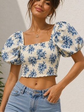 NWT Monteau Blue Floral Rayon/Linen Blend Smocked Puff Sleeve Cottagecore Top XL
